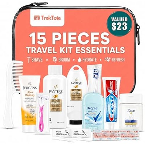 15 Piece Set Women’s Travel & Hygiene Kit with Clear Toiletry Bag, Personal Care Essentials, Single Kit or Bulk Case Packs, TSA Approved Toiletry Kit for Travel, Vacation, Everyday Essentials