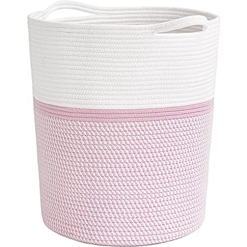 INDRESSME Pink Laundry Storage Basket, Baby Laundry Hamper, Woven Rope Toy Basket for Towel, Pillow, Blanket Storage Basket Nursery Bin, 15.8 X 13.8 X 17.8, Pink