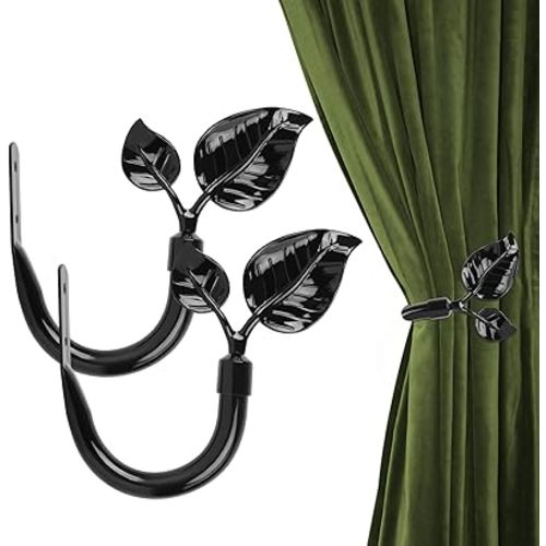 Leaf Shaped Curtain Holdbacks 2pcs, Handmade Metal Curtain Side Holders for Wall, Antique Brass Curtain Tieback Hook Pull Backs for Drapes Window Home Decoration (Piano Black)