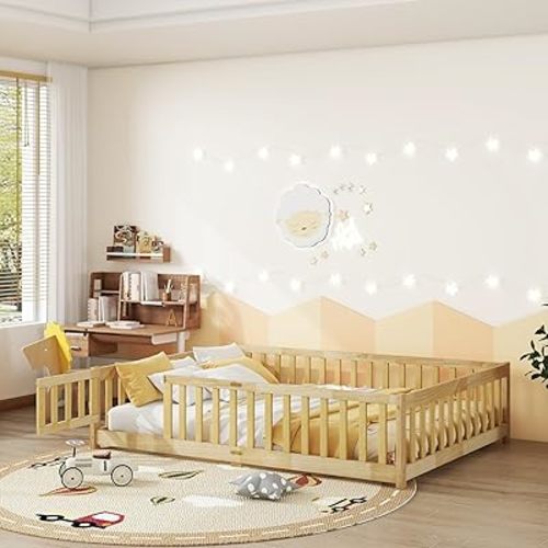 Full Size Floor Bed for Kids, Wood Montessori Floor Beds with Fence Railings, Door & Slats Support, Full Playhouse Bed Frame for Boys Girls, No Box Spring Needed, Natural
