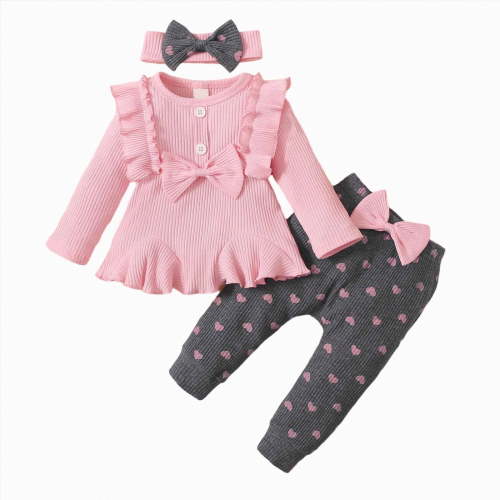 yboeqw 3 Piece Infant Baby Girl Clothes Fall Outfits Ribbed Long Sleeve T-Shirt and Leggings + Headband Fall Winter Set 6 9 12 18 24 Months,Size 6-9 Months