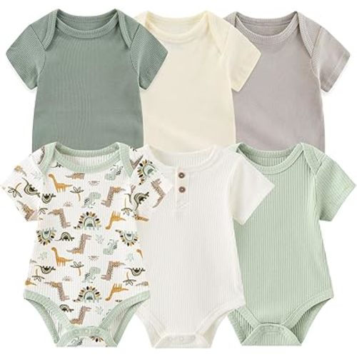 Baby Bodysuit 6 Pack Soft Mixed Ribbed Short Sleeve Romper Infant Boy Girl Clothes Set