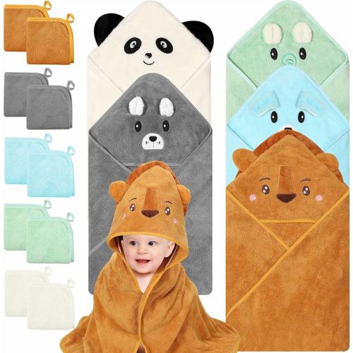 15 Pcs Baby Bath Towels- 5 x Hooded Baby Towels and 10 x Baby Washcloths Set, 32 x 32 Inch Hooded Toddler Towel Bath Blanket Absorbent Hooded for Toddler Infant Newborn Shower Gift for Boys & Girls
