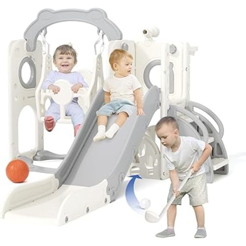 KORIMEFA 8 in 1 Toddler Slide and Swing Set for Toddler Age 1-3 Years, Toddles Playset Playground Indoor and Outdoor Swing Slide Climber Playset w/Basketball Hoop & Golf Set, Grey