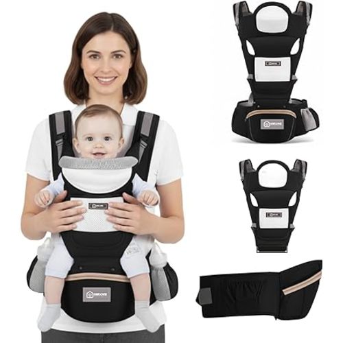 Adjustable Baby Hip Carrier with Detachable Hip Seat and Head Support, 6 in 1 Toddler Carrier M-Shape Ergonomic Baby Carrier Newborn to Toddler, Adjustable Shoulder Straps, Big Storage Pocket - Black
