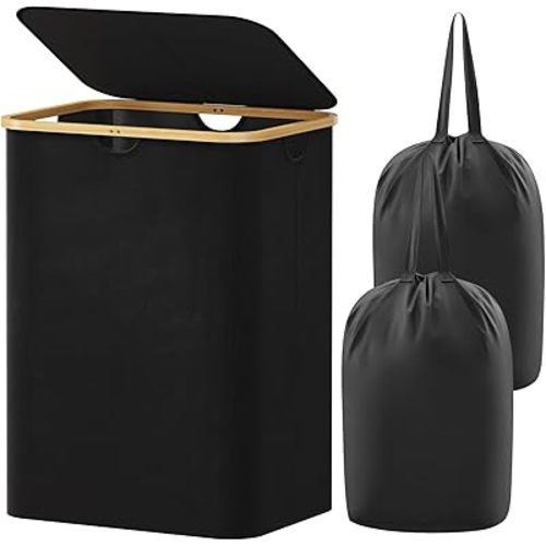 Lifewit 150L Laundry Basket with Lid, Clothes Hampers with Bamboo Handles and 2 Removable Bags, Large Foldable Laundry Hamper for Bedroom, Bathroom, Dorm, Black