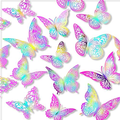 3D Butterfly Wall Decor 3 Sizes 4 Styles Butterfly Party Decorations Cake Decorations Removable Stickers Wall Decor Room Mural Metallic Kids (Laser Pink Purple, 96Pcs)