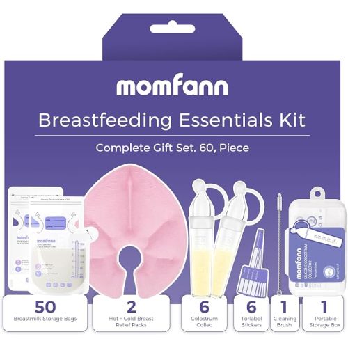 Breastfeeding Care Kit for Nursing Moms, 60 Piece Complete Gift Set with Milk Collector, 50 Storage Bags & Hot/Cold Packs - Relieves Engorgement & Improves Milk Flow,BPA-Free Essentials(Pink)