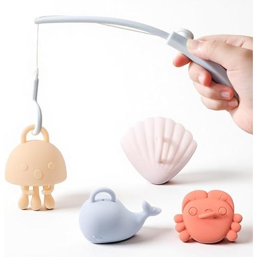 Silicone Fishing Toy Game,Silicone Fishing Playset,Bath Toy for Toddlers and Babies,Montessori Fine Motor Skills Fish Game for Children