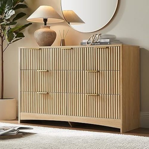 Pipishell Fluted 7 Drawers Dresser, Modern Wood Chest of Drawers, Dressers with Round Edge Design, Dresser TV Stand, Wood Drawer Organizer for Bedroom, Living Room, Hallway, Natural Oak