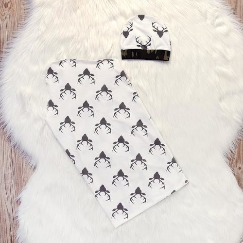 IWOKA Soft Newborn Baby Deer Print Blanket Bedding Blanket Wrap Swaddle Blanket Bath Towel+Hat