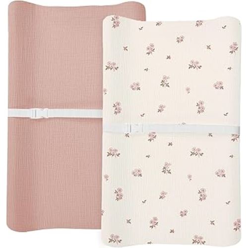 Changing Pad Cover for Baby Boy Girl 2 Pack, Muslin Changing Table Pad Covers with Boho Style, Neutral Nursery Bedding Essentials Soft and Breathable (Vintage Blossom & Pink)
