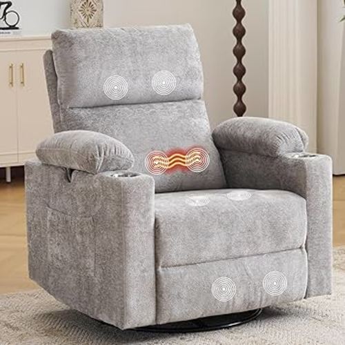 Oversized Power Recliner Chair Swivel Glider with Massage and Heat, Swivel Rocker Recliner with Adjustable Armrests, 26" Nursery Chair with Adjustable Headrest, Rocker Nursery Recliner, Light Grey