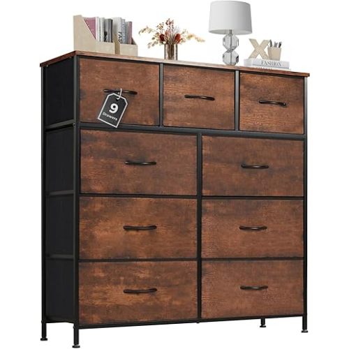 Sweetcrispy Dresser for Bedroom with 9 Storage Drawers, Large Fabric Storage Tower Organizer, Chest of Drawers with Metal Frame Wooden Top for Nursery, Closet, Living Room, Entryway, Rust Brown