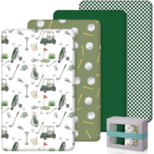 SmoothNovelty 4 Pack Golf Crib Fitted Sheet for Boys Girls - 52" x 28" Fitted Baby Sheet with Golf Cart and Checkered Style for Standard Mattress Gift Set, Microfiber & Soft Breathable(Green Series)