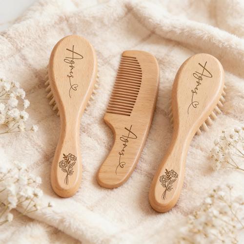 Personalized Wooden Baby Hair Brush Set, Engraved Name Baby Brush and Comb Set, Baby Shower Gift, New Mom Gift, Newborn Gift