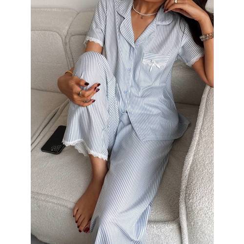 SHEIN Ruffled Striped Floral Trim Cardigan Women Pajama Set | SHEIN USA