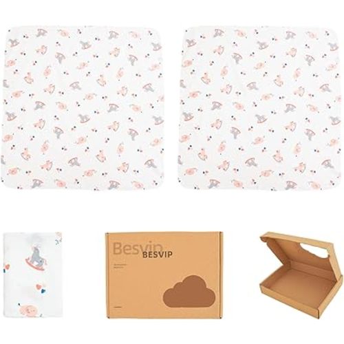 100% Cotton Knitted Baby Swaddle Blanket, 33.5"x33.5", Newborn Swaddle Wrap, Receiving Blankets, Burping Cloth & Stroller Cover (Pink Elephant - Rocking Horse)