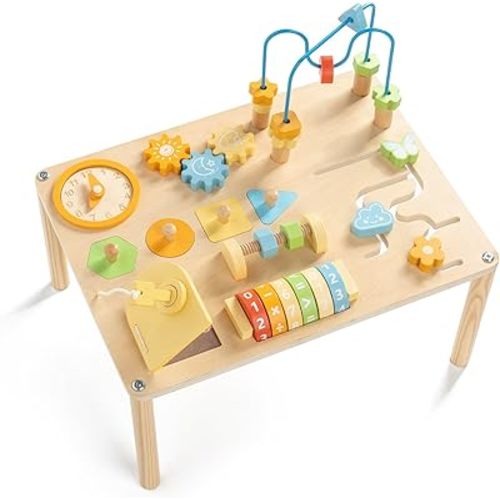Activity Table for 1 Year Old, 8 in 1 Macaron-Colored Montessori Toys, Baby Activity Table with Bead Maze & Shape Sorter, Educational Sensory Table for Girls Boys 12+ Months