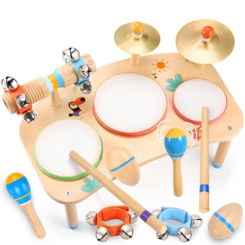 Wingyz Baby Drum Set, 11-in-1 Wooden Musical Instruments for Toddlers 1-3 | Low-noise Montessori Music Toys with Drums, Cymbals, Maracas and Wrist Bells for Rhythm play,1st birthday gifts