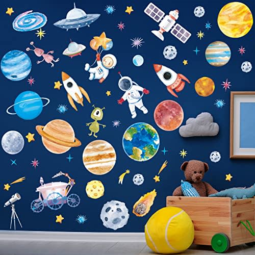 Zonon Outer 6 Sheets Space Astronaut Wall Stickers Space Planets Decal Solar System Decals Galaxy Astronaut Rocket Alien Wall Mural for Boys Kids Classroom Nursery Bedroom Home Decoration
