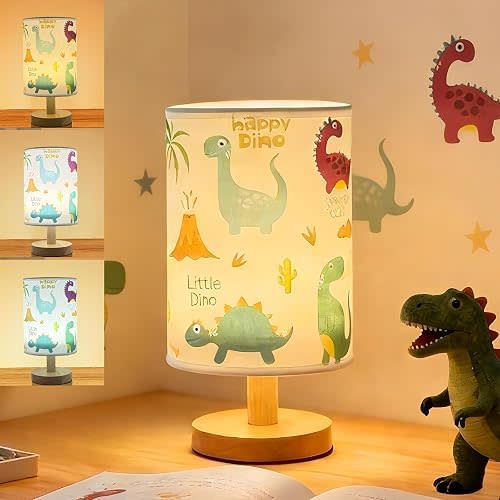 Dinosaur Kids Table Lamp,3 Color Dimmable Bedside Nightstand Night Light with Cartoon Lampshade,Cute LED Desk Lamp for Boys Girls Bedroom Nursery Dino Decor Dinosaur Birthday Gift for Toddler Boy