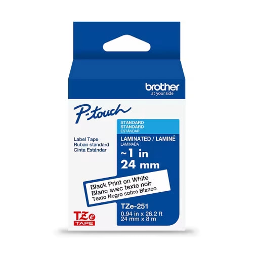 Brother P-touch TZe-251 Laminated Label Tape, 1" x 26.2', Black on White