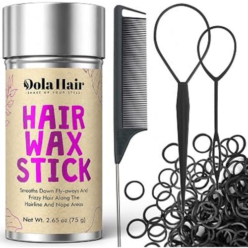Dolahair Hair Wax Stick & Accessories - Flyaway Control for Kids & Women, 50 Pcs Colorful Elastic Hair Bands, 1 Pcs Slick Back Hair Brush, 2 Hair Loop Styling Tools (Black)