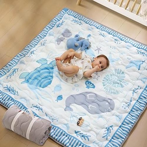 Momcozy Baby Play Mat for Floor, 50x50 Thickened Playpen Mat, Playmate for Baby Tummy Time, Waterproof & Non-Slip, Foldable Outdoor Mat with Carrying Handle, Ocean Theam