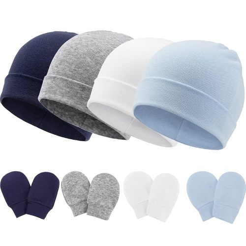DRESHOW BQUBO Baby Newborn Hats with Scratch Mittens for Unisex Preemie Newborn Hats Hospital Hat for Boys Girls 0-6 Months