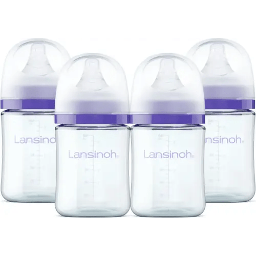 Lansinoh Anti-Colic Glass Baby Bottles, 5 Ounces, 4 Count Bottles for Feeding, Baby Essentials, Includes 4 Slow Flow Nipples, Size S