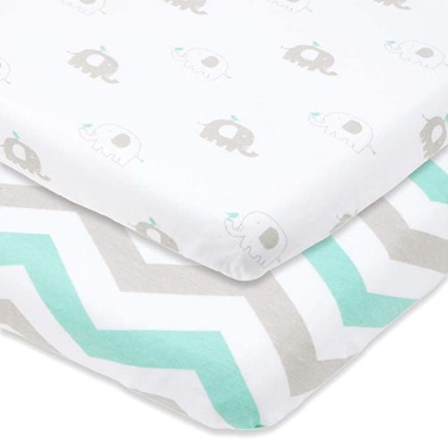 Joey + Joan Bassinet Fitted Sheets for Nestig Mini Crib, Graco Travel Lite Crib & Bassinets, Guava Bassinet 20x30 Inch – 100% Jersey Cotton Fitted Sheets – Grey, Mint – 2 Pack