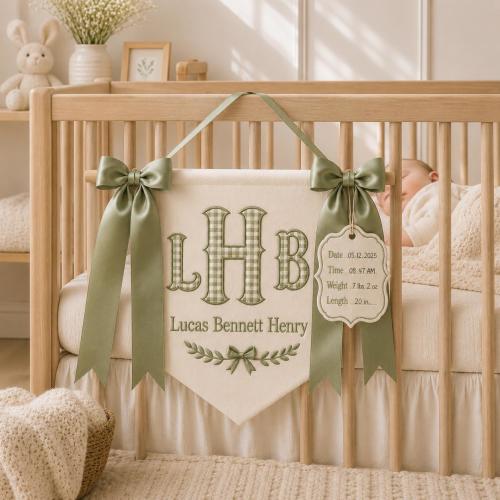 Personalized Embroidered Baby Name Banner, Birth Tag, Nursery Wall Hanging, Hospital Announcement
