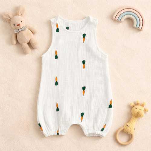 Organic Cotton Muslin Sleeveless Baby Romper, Soft Unisex Kids Bodysuits, Carrot Newborn Onesie, Gauze Clothing