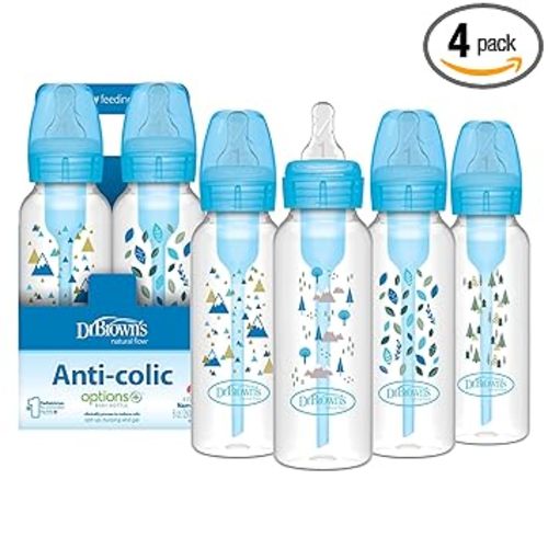 Dr. Brown's Natural Flow Anti-Colic Options+ Narrow Baby Bottle, Blue Nature, 8 oz/250 mL, with Level 1 Slow Flow Nipples, 0m+, 4 Pack