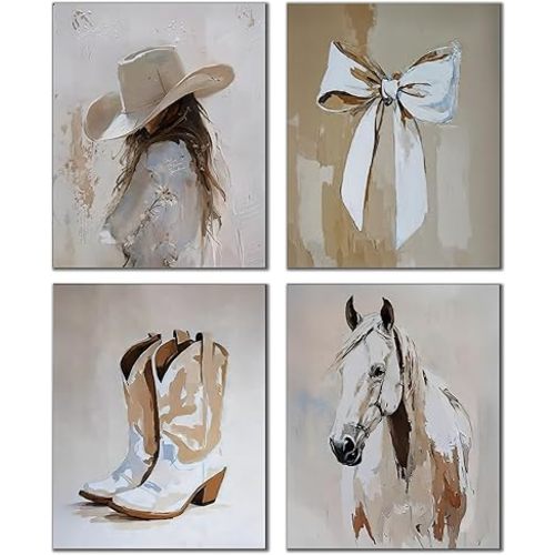 DOFQZ Western Coastal Cowgirl Wall Art Prints Set of 4, Coastal Cowgirl Room Decor, Neutral Country Western Coquette Bow Boots Horse Posters for Home Girls Bedroom Dorm Apartment Decor, 8x10 Unframed