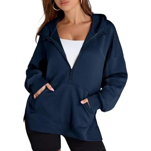 LOMON Womens Oversized Half Zip Hoodies Long Sleeve Textured Casual Sweatshirts Loose Fall Pullover Tops with Pockets