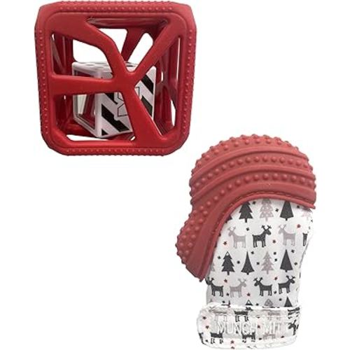 Malarkey Kids Holiday Gift Pack: Munch Mitt and Chew Cube Duo - Perfect Teething Treats for Babies and Toddlers - Red