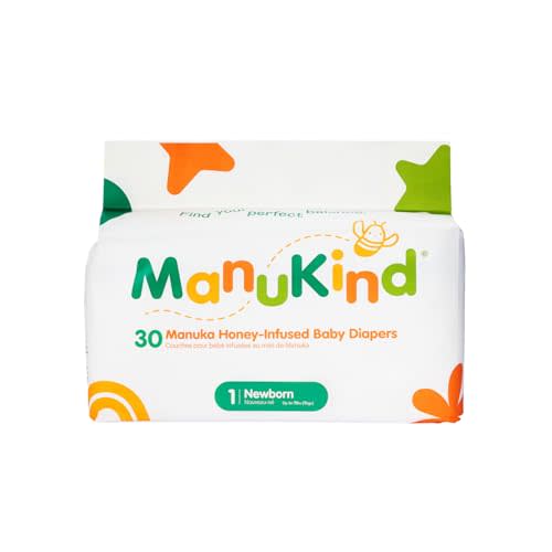 ManuKind Baby Diapers Size 1 (Up to 11 lbs), Manuka Honey Infused, Hypoallergenic Ultra Soft Disposable Diapers for Sensitive Skin, Fragrance & Chlorine Free, Plant-Based, 30 Count