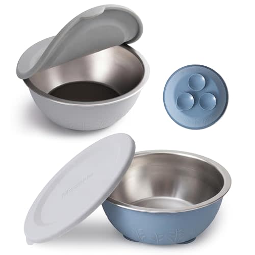 Moonkie Baby Bowls with Suction, Stainless Steel & Silicone Toddler Bowls with Lids, Seamless One-Piece Design Silicone Bowls for Babies 4 Months+, 13oz, BPA-Free, Lead-Free, Dishwasher Safe, 2 Pack