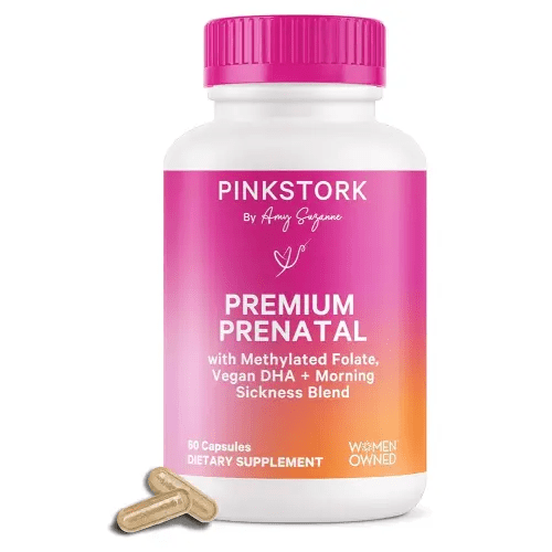 Pink Stork Premium Prenatal Vitamin for Women - Organic Whole-Food Ingredients, Multivitamin & Probiotics - Morning Sickness, Digestion, & Energy - Folate, B6, & Iron - 60 Capsules