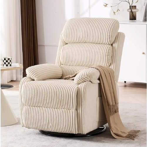 Adult 360° Rocking Recliner Chair，Nursery Rocker Reclining Chair with Side Pocket, a Comfy upholstered Single Sofa Armchair. Suitable for Living Room, Bedroom Nursing use, Velvet Fabric in Beige