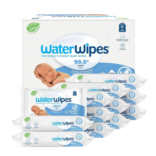 WaterWipes Plastic-Free Original Baby Wipes, 99.9% Water Based Wipes, Unscented & Hypoallergenic for Sensitive Skin, 60 Count (Pack of 12), Packaging May Vary