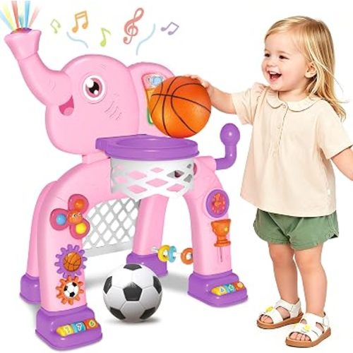 SpringFlower Toddler Basketball Hoop & Soccer Goal Activity Center Toys with Light & Music,Elephant Toddlers Musical Toys Gift, Baby & Toddlers Christmas Birthday Gift for 1 2 3 Year Old Girls & Boys