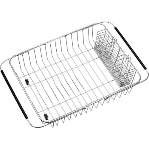 Expandable Dish Drying Rack Organizer and Utensil Cutlery Holder, 304 Stainless Steel Over Sink Dish Rack, Dish Drainer in Sink or On Counter, Rustproof