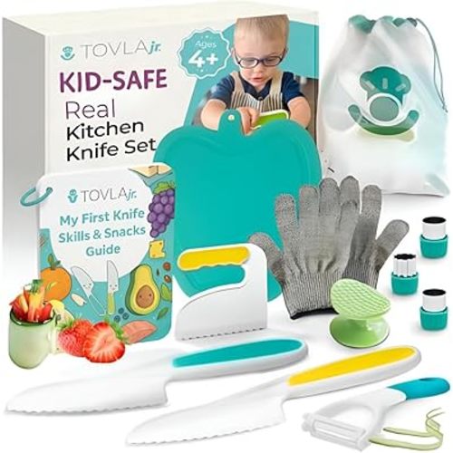 Tovla Jr. Ultimate Montessori Kids Cooking Gift Set – Real Knife, Chopper, Safety Gloves, Peeler, Cutters, Cutting Board & Recipe Cards – Ages 4–10