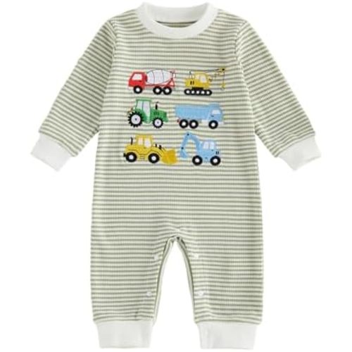 FOCUSNORM Baby Boy Fall Clothes Newborn Winter Outfit Truck Embroidered Jumpsuit Waffle Striped Long Sleeve Romper Onesie