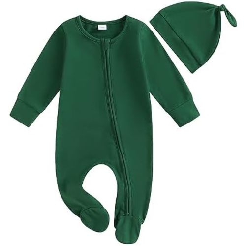 Newborn Baby Girl Boy Clothes Infant Long Sleeve Soild Footed Romper Zipper Footie Jumpsuit With Hat Fall Outfit