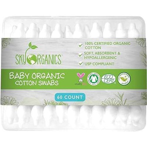 Sky Organics Organic Baby Cotton Swabs for Baby, 100% Pure Organic Cotton, GOTS Certified Organic Cotton, 60 Count