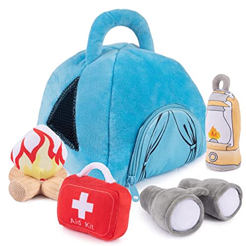 My Talking Plush Camping Tent Toy Set | Includes 4 Soft Fluffy Plush Camping Gear with A Plush Camping Tent Shaped Carrier | Great Gift for Baby and Toddler Boys or Girls